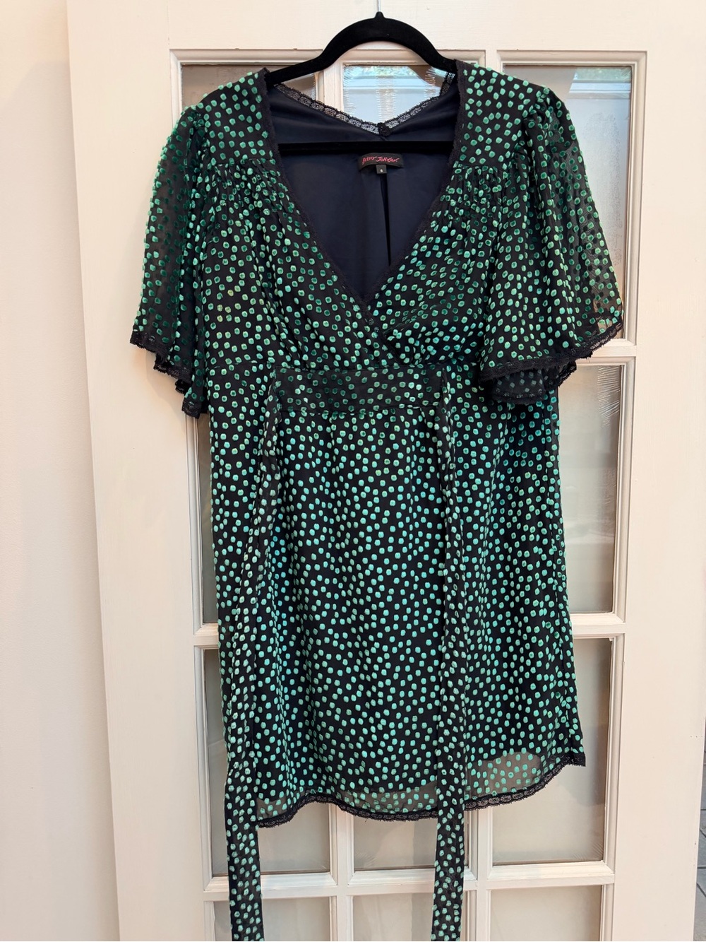 Vintage Betsey Johnson Y2K 90’s Black Green Velvet Polka Dot Silk Dress Size 6